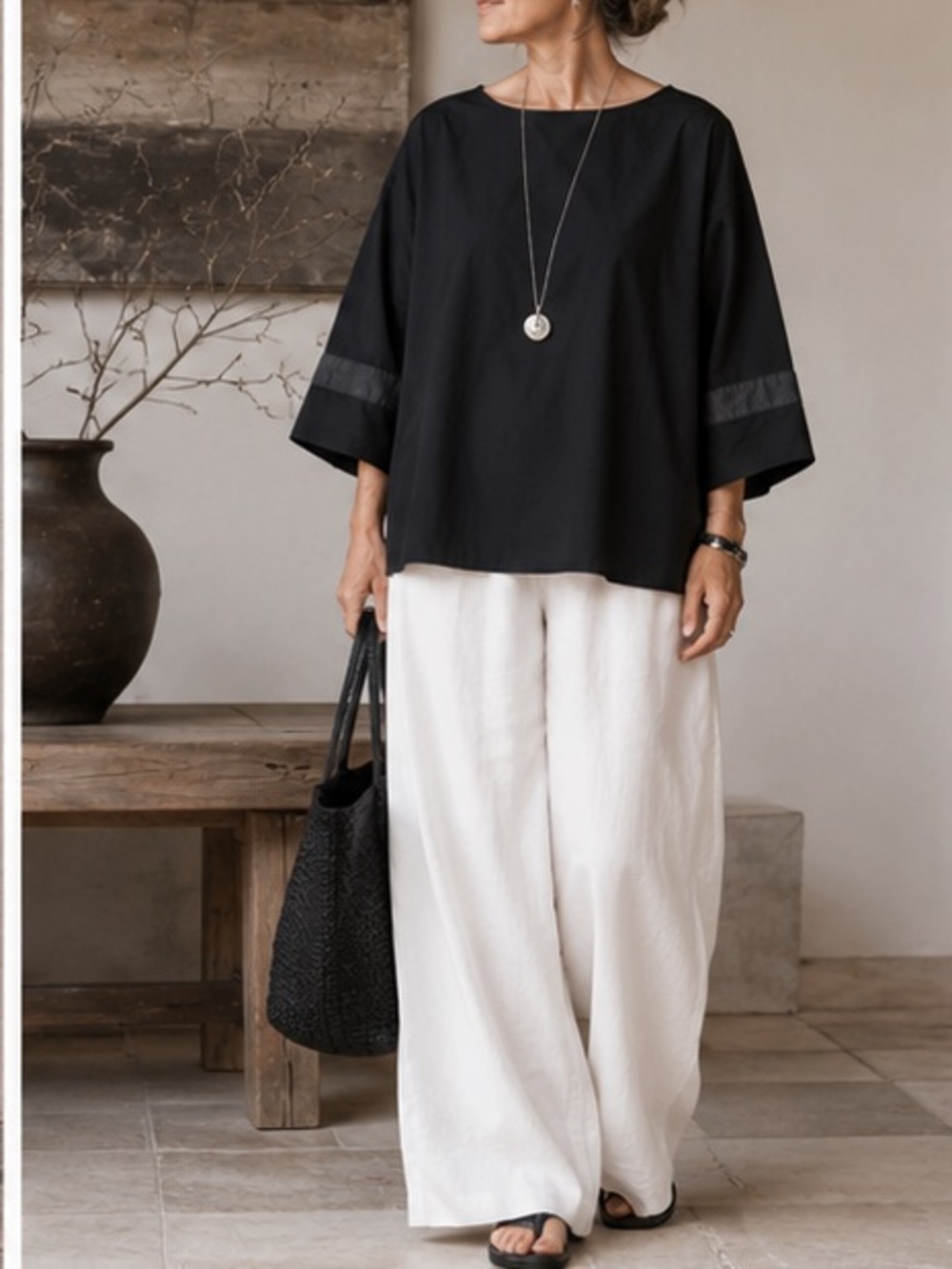 Japanalia Black Tunic Top Boxy Lagenlook  3/4 Wide Sleeve Excellent Size L
